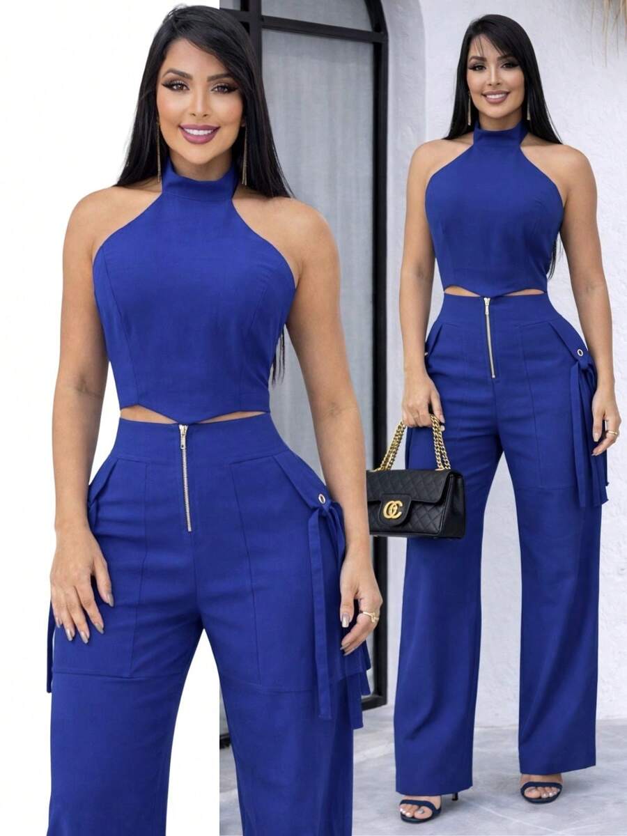 Conjunto Feminino Cropped Com Bojo E Calça Com Ilhós E Zíper Frontal