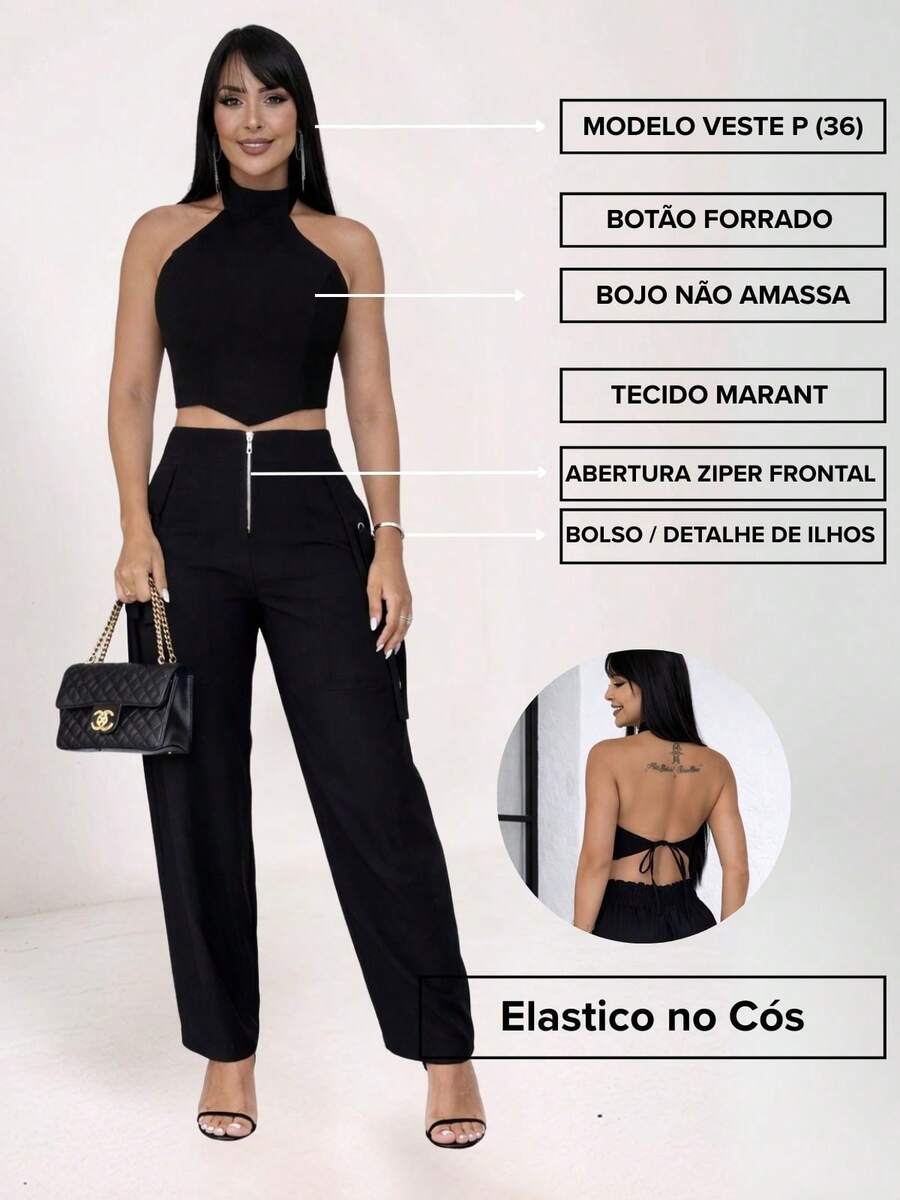 Conjunto Feminino Cropped Com Bojo E Calça Com Ilhós E Zíper Frontal