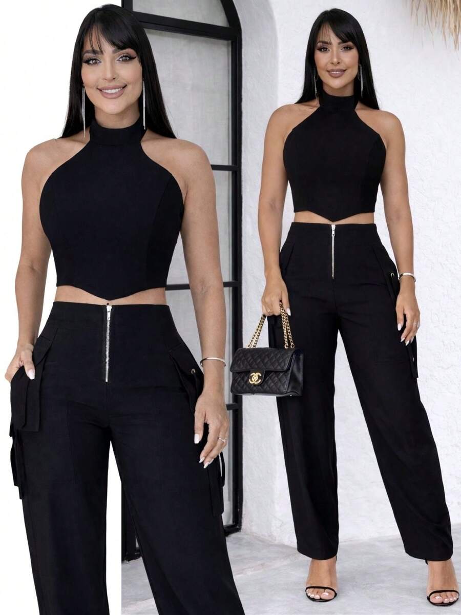 Conjunto Feminino Cropped Com Bojo E Calça Com Ilhós E Zíper Frontal