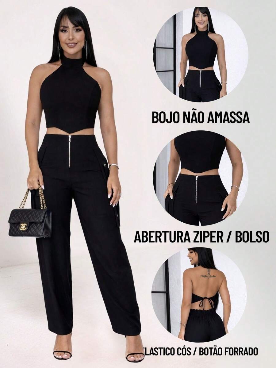 Conjunto Feminino Cropped Com Bojo E Calça Com Ilhós E Zíper Frontal