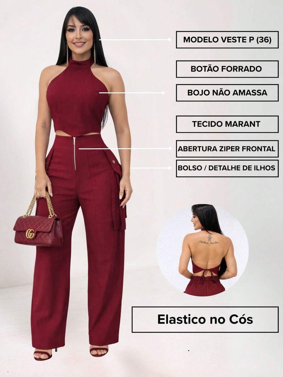 Conjunto Feminino Cropped Com Bojo E Calça Com Ilhós E Zíper Frontal