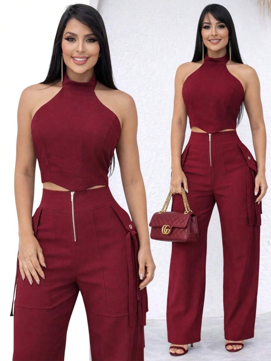 Conjunto Feminino Cropped Com Bojo E Calça Com Ilhós E Zíper Frontal