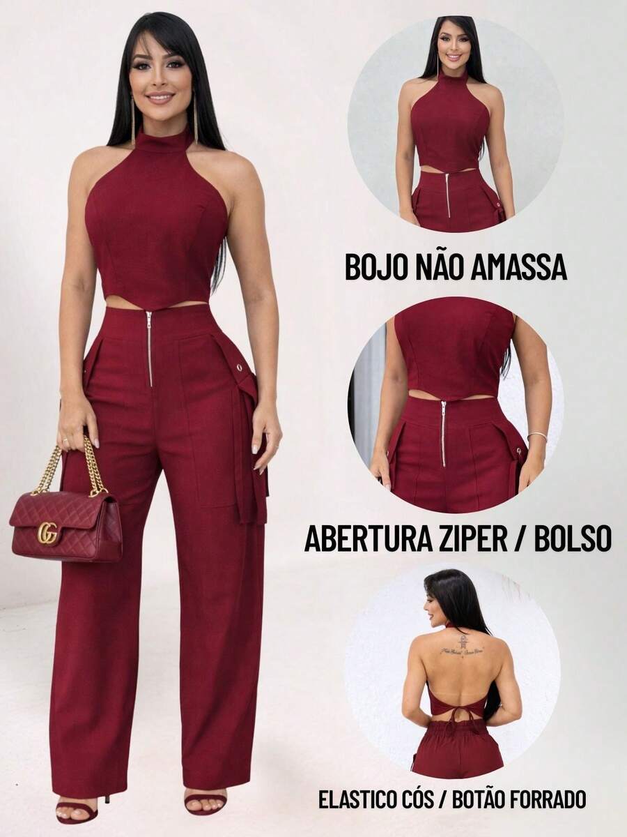Conjunto Feminino Cropped Com Bojo E Calça Com Ilhós E Zíper Frontal