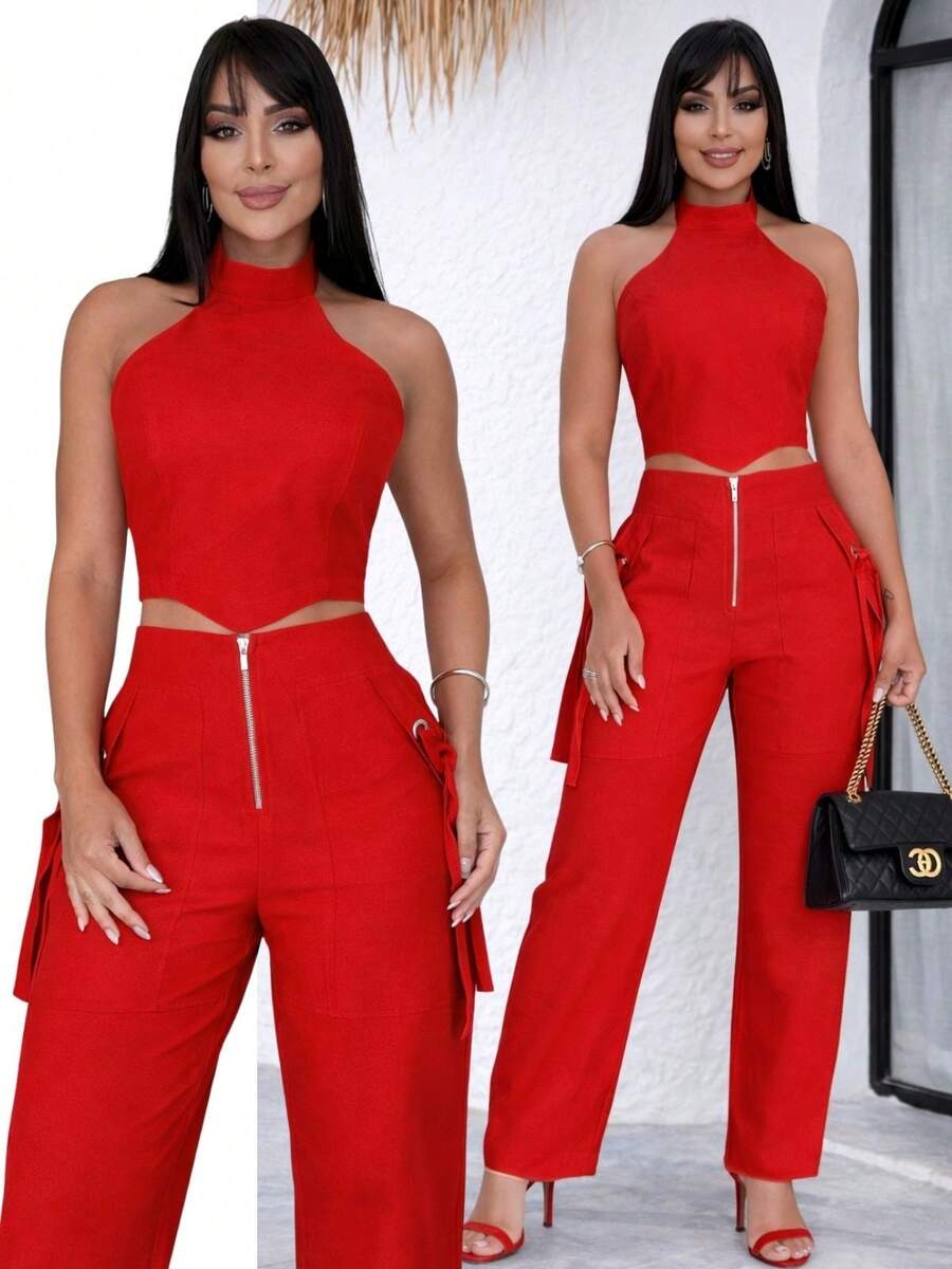 Conjunto Feminino Cropped Com Bojo E Calça Com Ilhós E Zíper Frontal