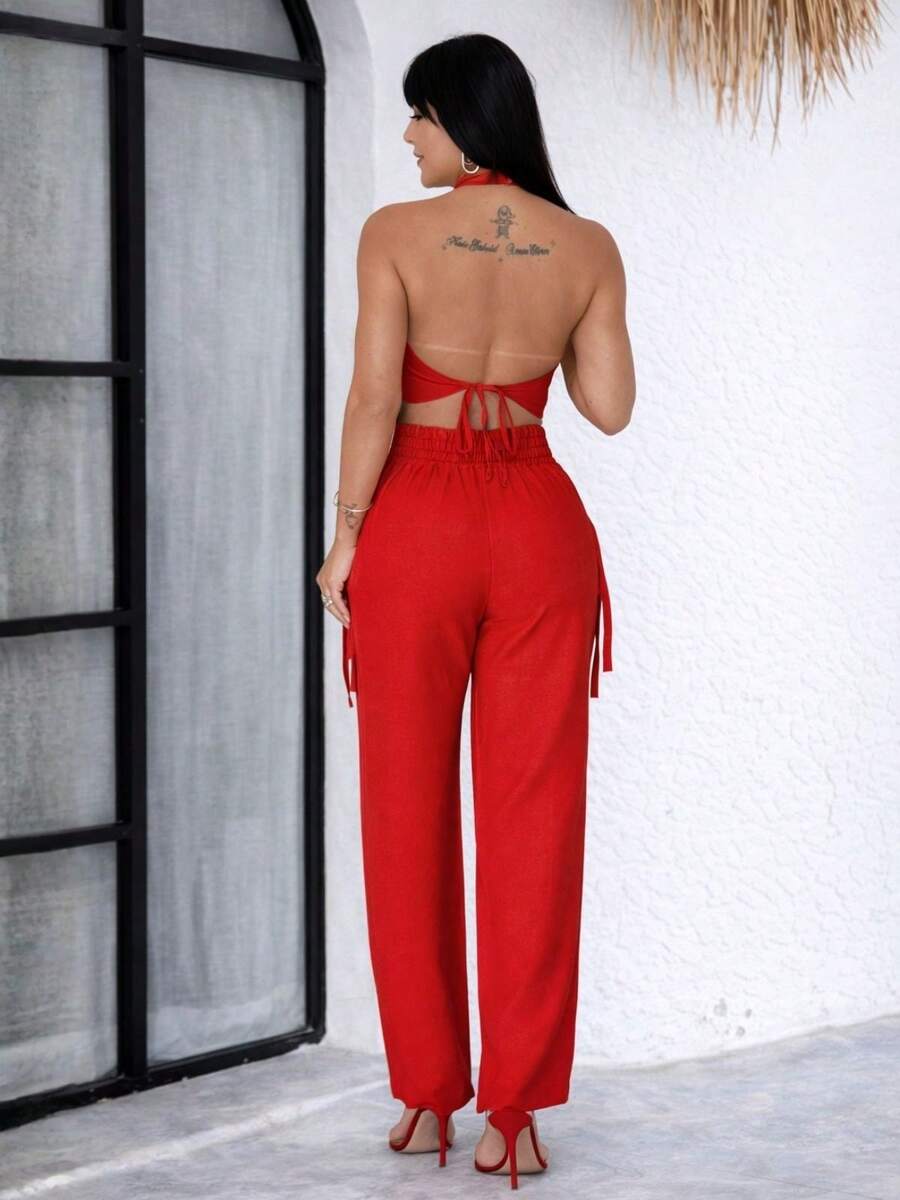 Conjunto Feminino Cropped Com Bojo E Calça Com Ilhós E Zíper Frontal