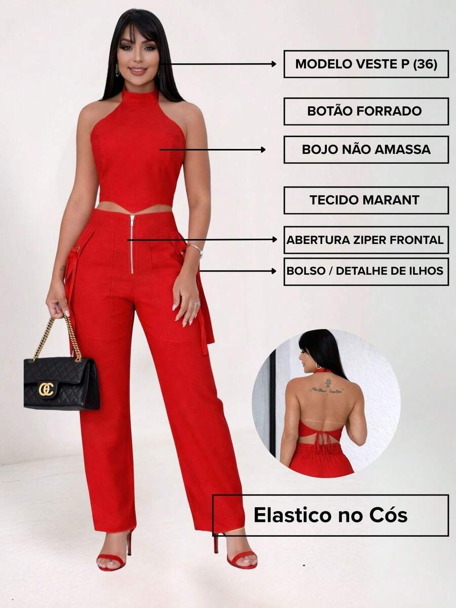 Conjunto Feminino Cropped Com Bojo E Calça Com Ilhós E Zíper Frontal