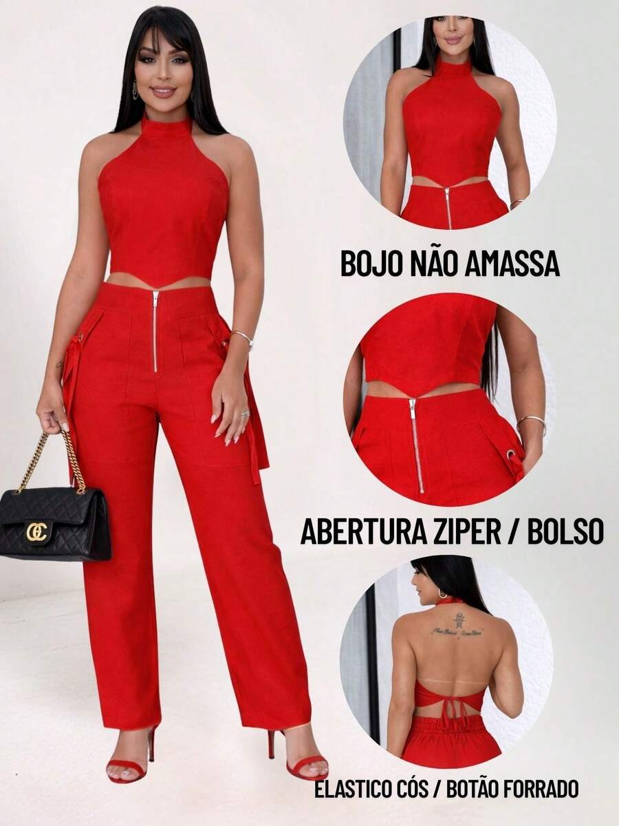 Conjunto Feminino Cropped Com Bojo E Calça Com Ilhós E Zíper Frontal