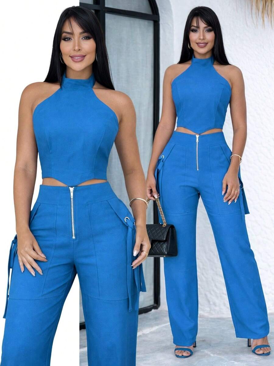Conjunto Feminino Cropped Com Bojo E Calça Com Ilhós E Zíper Frontal