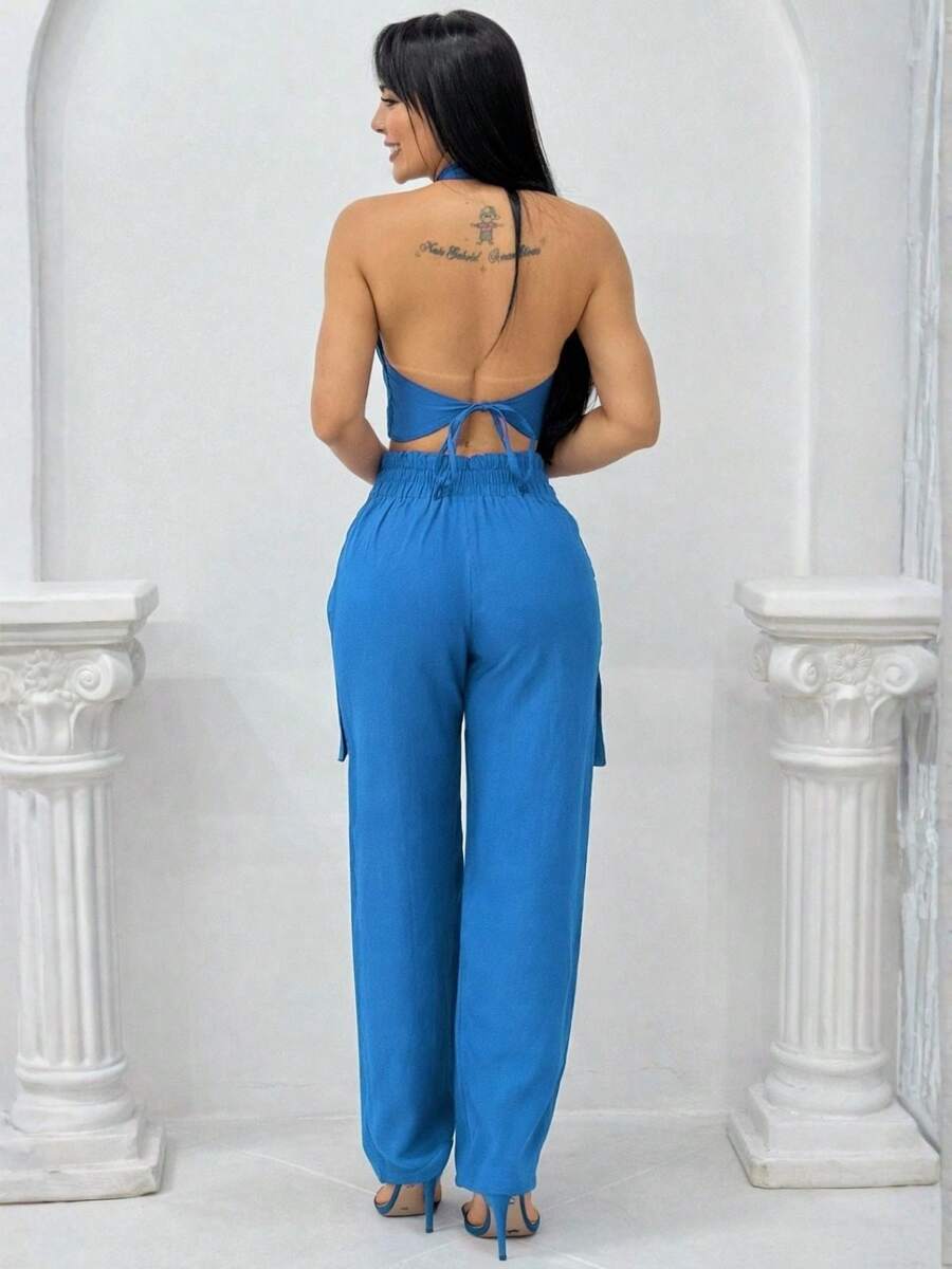 Conjunto Feminino Cropped Com Bojo E Calça Com Ilhós E Zíper Frontal