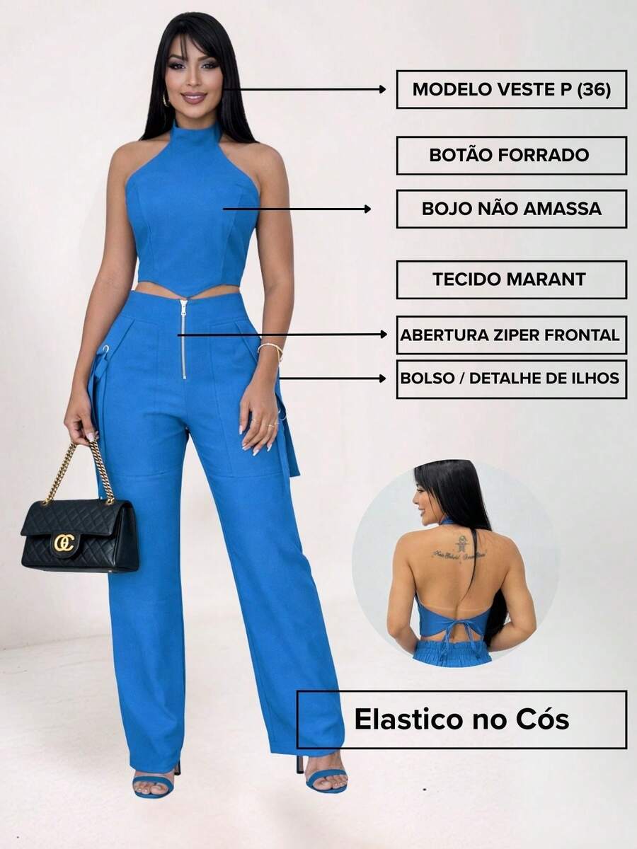 Conjunto Feminino Cropped Com Bojo E Calça Com Ilhós E Zíper Frontal