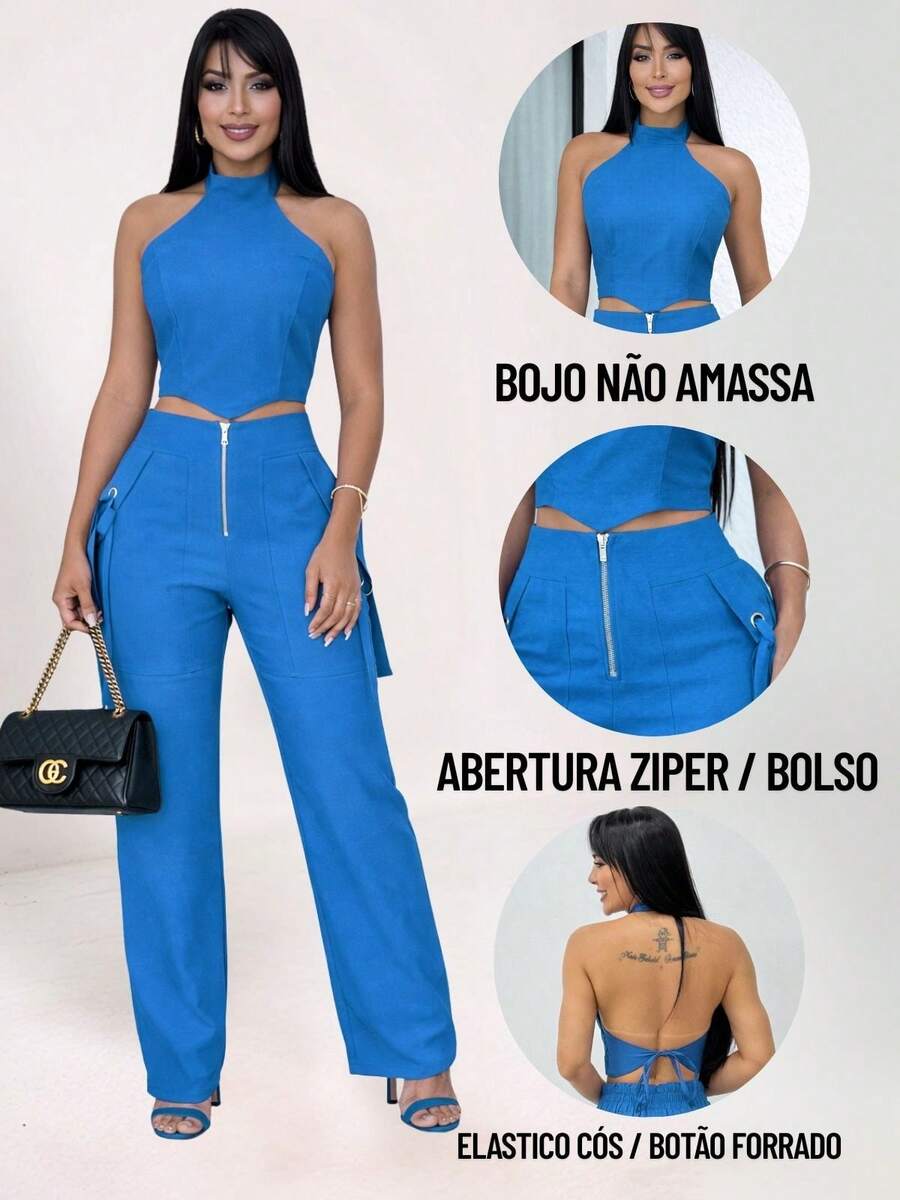 Conjunto Feminino Cropped Com Bojo E Calça Com Ilhós E Zíper Frontal